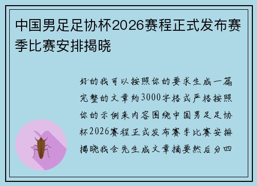 中国男足足协杯2026赛程正式发布赛季比赛安排揭晓