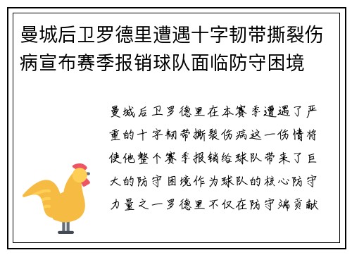 曼城后卫罗德里遭遇十字韧带撕裂伤病宣布赛季报销球队面临防守困境